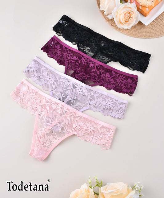 [4 Pack] Women's V-Waist Lace String Sparkle Underwear - Elegant & Comfortable | Todetana