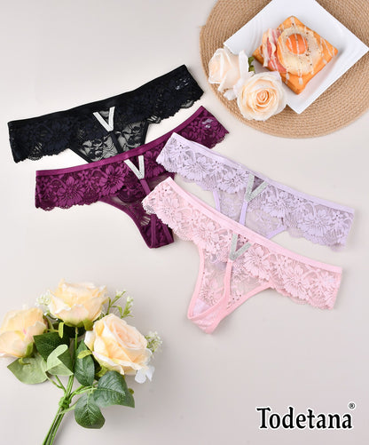 [4 Pack] Women's V-Waist Lace String Sparkle Underwear - Elegant & Comfortable | Todetana